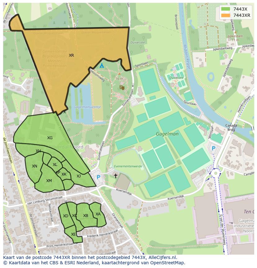 Afbeelding van het postcodegebied 7443 XR op de kaart.