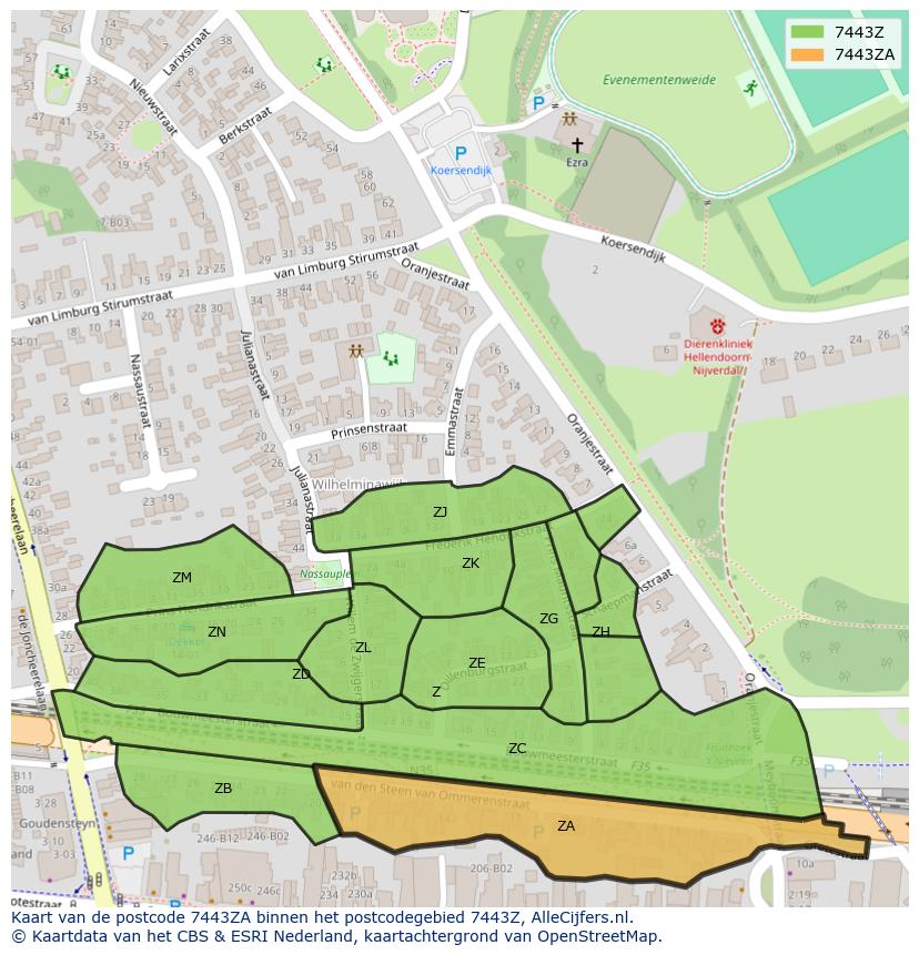 Afbeelding van het postcodegebied 7443 ZA op de kaart.