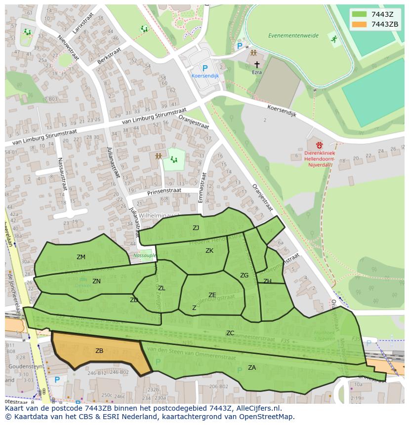 Afbeelding van het postcodegebied 7443 ZB op de kaart.