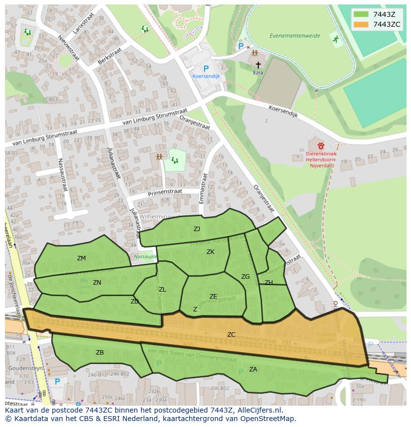 Afbeelding van het postcodegebied 7443 ZC op de kaart.