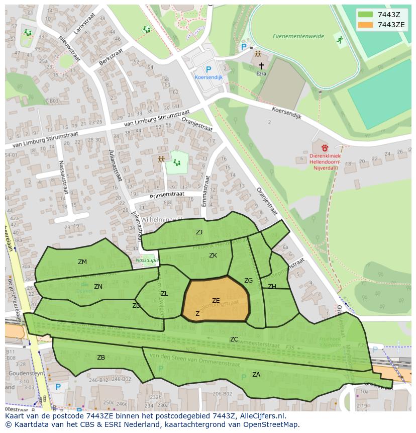 Afbeelding van het postcodegebied 7443 ZE op de kaart.