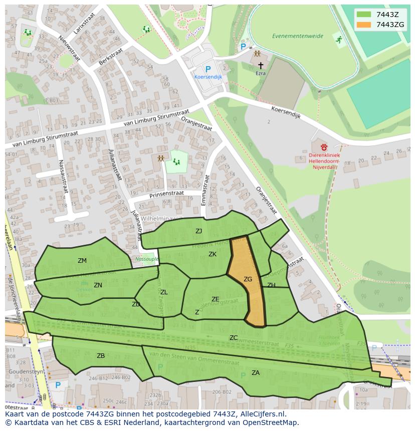 Afbeelding van het postcodegebied 7443 ZG op de kaart.