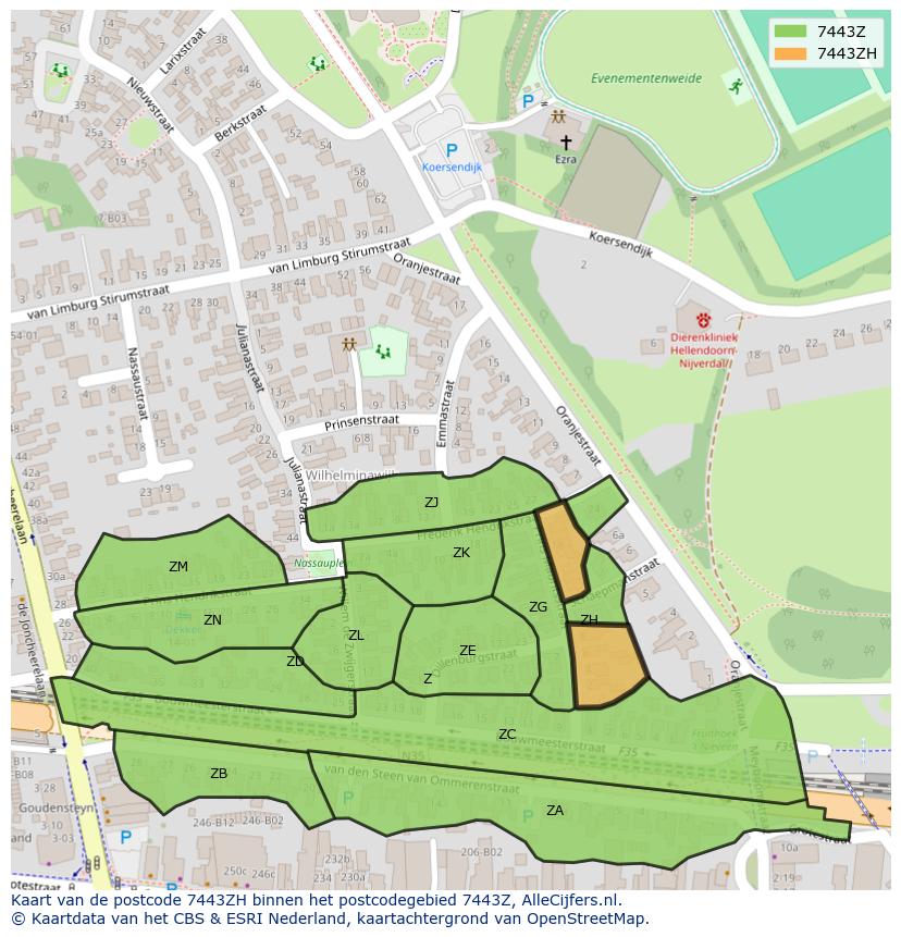 Afbeelding van het postcodegebied 7443 ZH op de kaart.