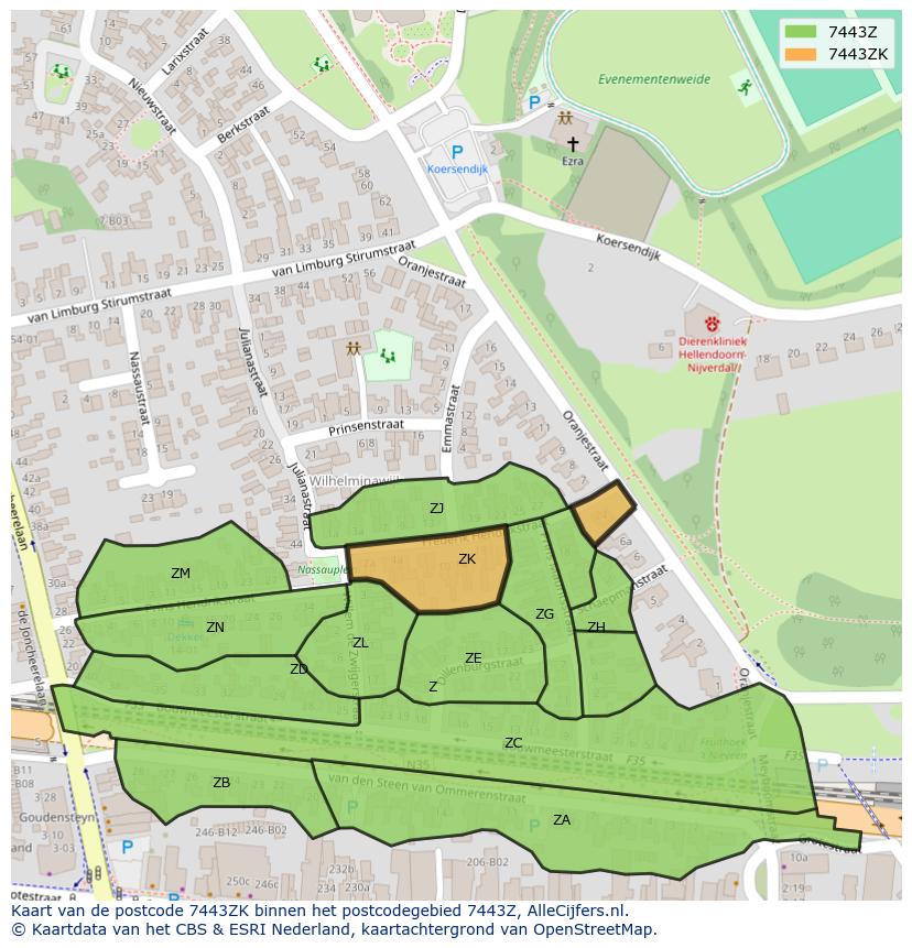 Afbeelding van het postcodegebied 7443 ZK op de kaart.