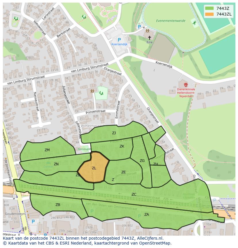 Afbeelding van het postcodegebied 7443 ZL op de kaart.