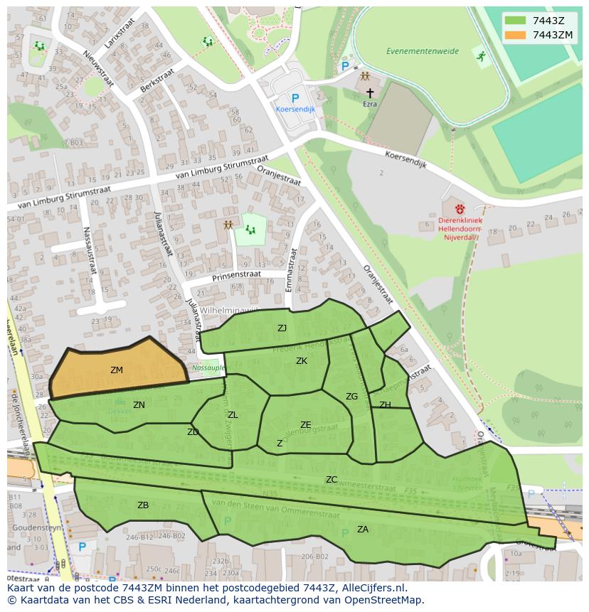 Afbeelding van het postcodegebied 7443 ZM op de kaart.