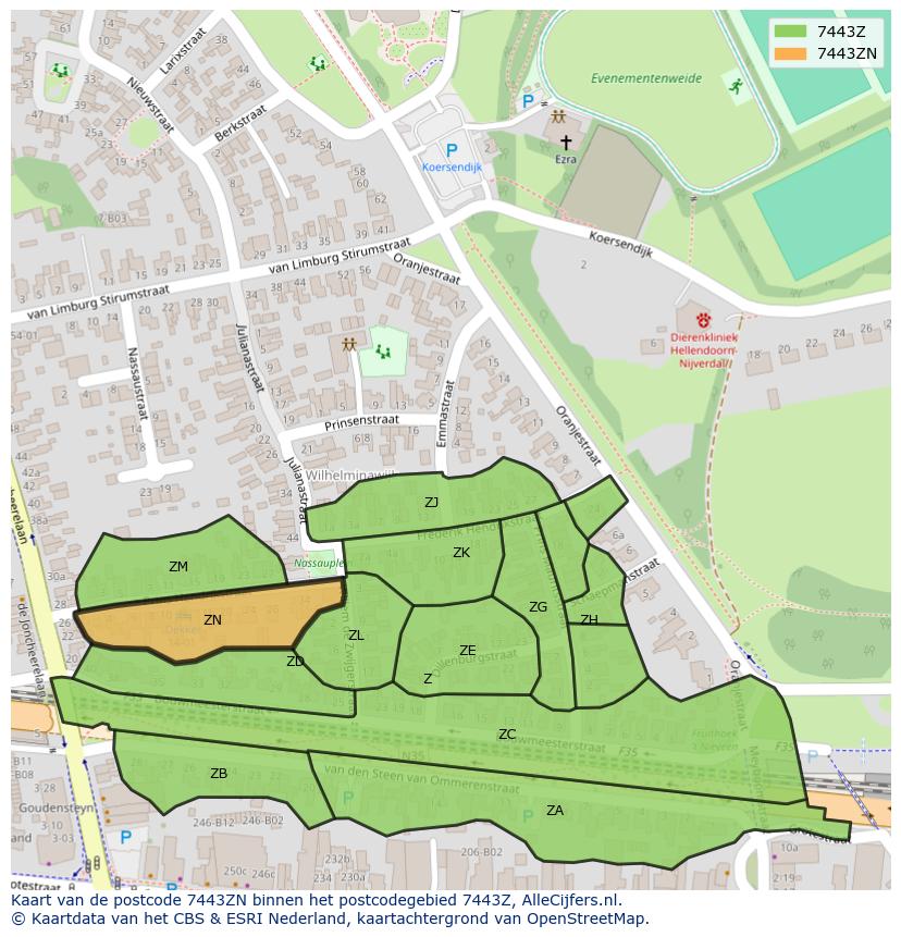 Afbeelding van het postcodegebied 7443 ZN op de kaart.