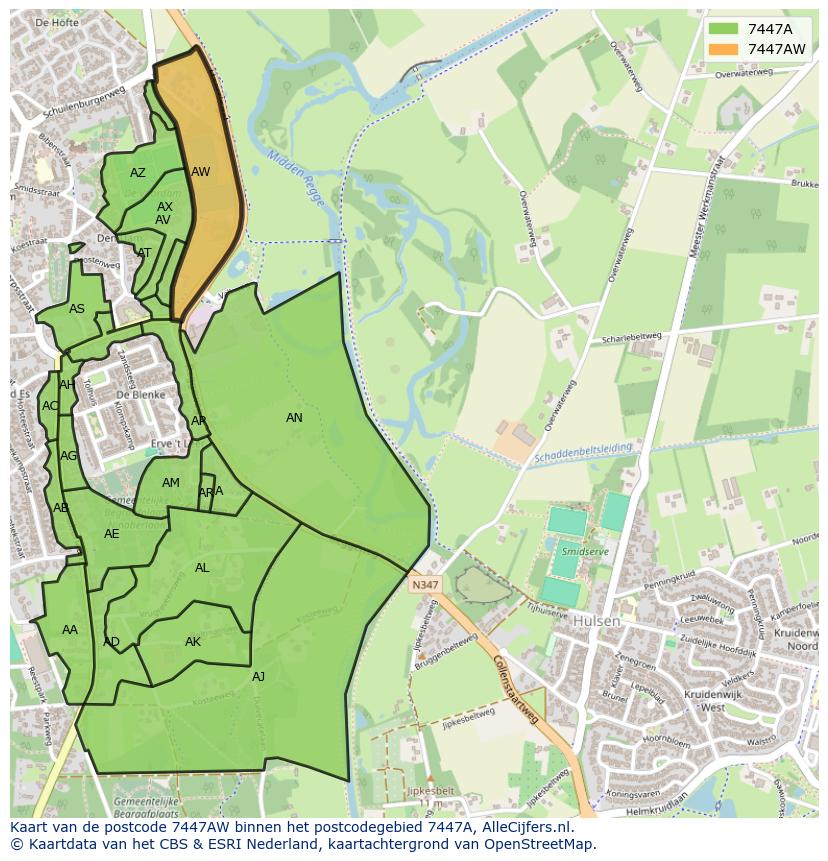 Afbeelding van het postcodegebied 7447 AW op de kaart.