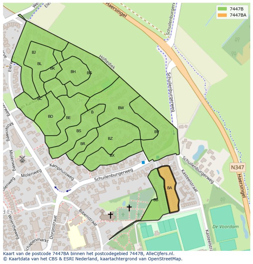 Afbeelding van het postcodegebied 7447 BA op de kaart.