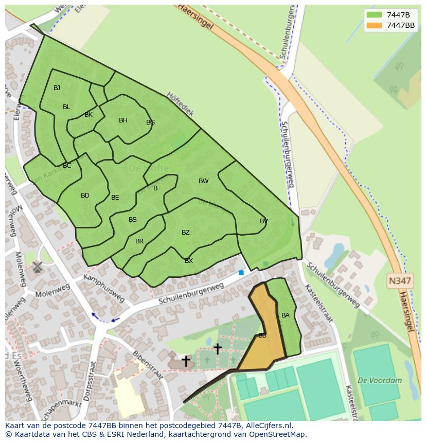 Afbeelding van het postcodegebied 7447 BB op de kaart.