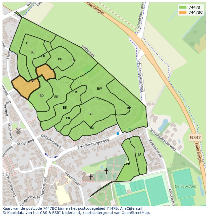 Afbeelding van het postcodegebied 7447 BC op de kaart.