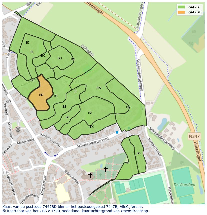 Afbeelding van het postcodegebied 7447 BD op de kaart.