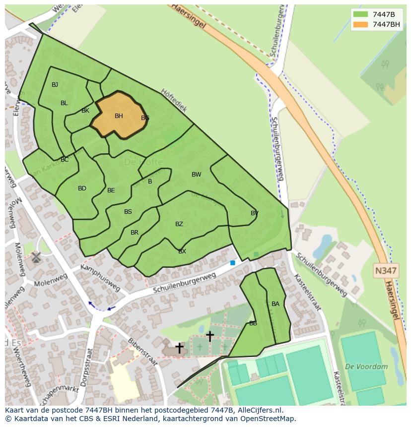 Afbeelding van het postcodegebied 7447 BH op de kaart.