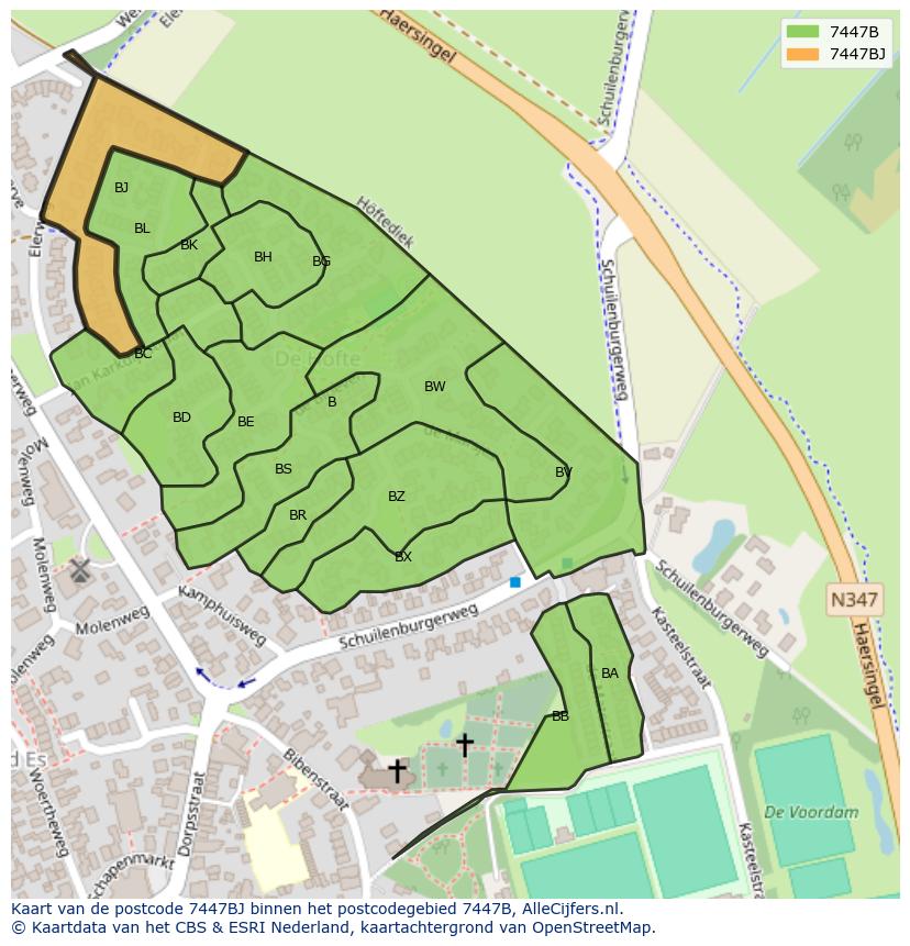 Afbeelding van het postcodegebied 7447 BJ op de kaart.