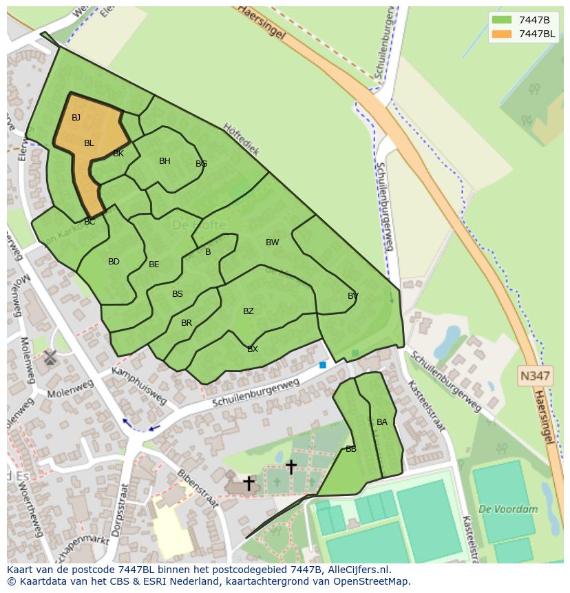 Afbeelding van het postcodegebied 7447 BL op de kaart.