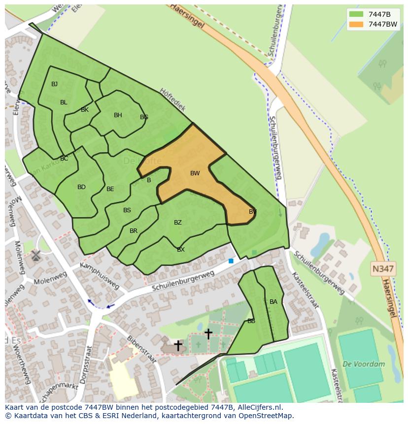 Afbeelding van het postcodegebied 7447 BW op de kaart.