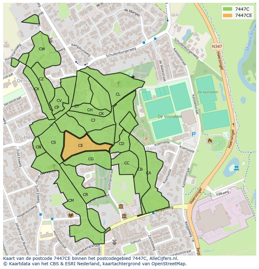 Afbeelding van het postcodegebied 7447 CE op de kaart.