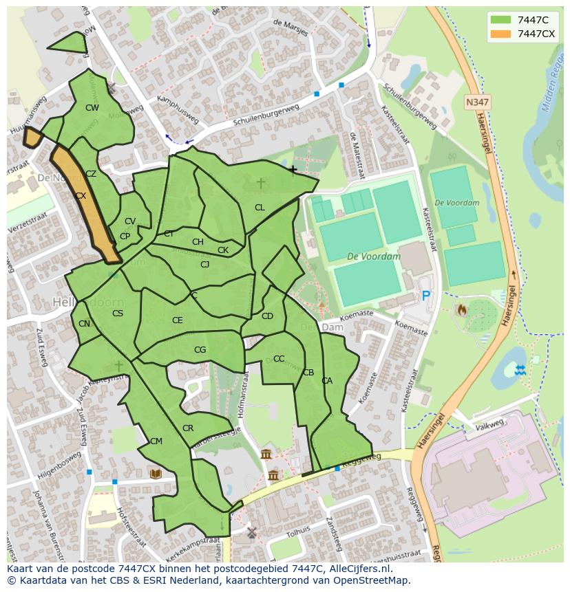 Afbeelding van het postcodegebied 7447 CX op de kaart.