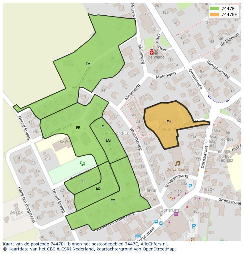 Afbeelding van het postcodegebied 7447 EH op de kaart.