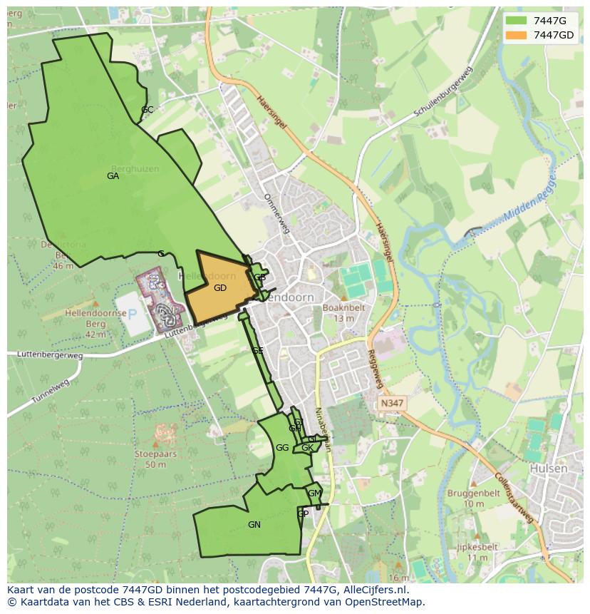 Afbeelding van het postcodegebied 7447 GD op de kaart.