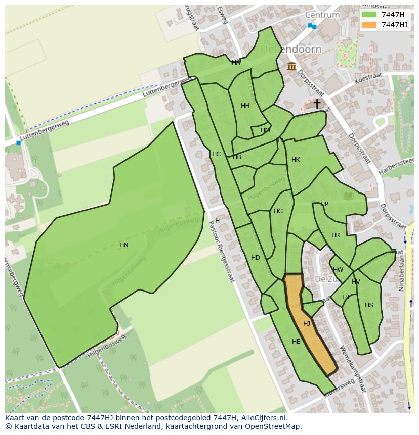 Afbeelding van het postcodegebied 7447 HJ op de kaart.