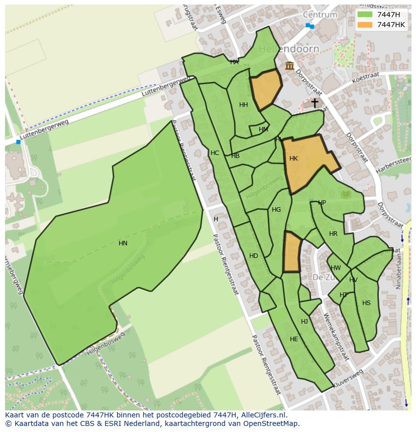 Afbeelding van het postcodegebied 7447 HK op de kaart.
