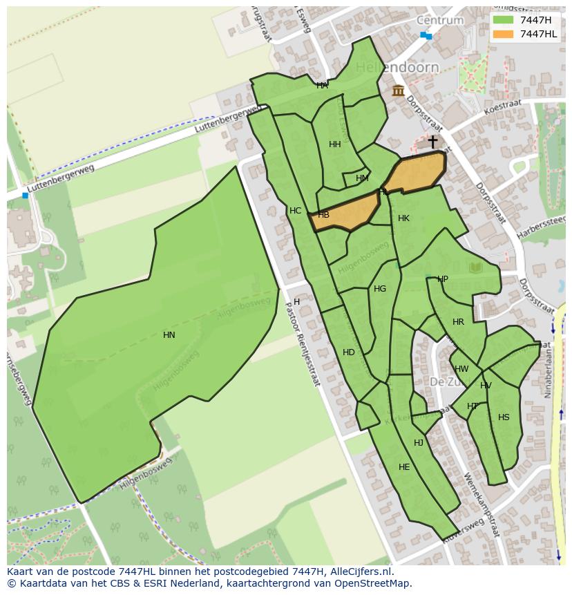 Afbeelding van het postcodegebied 7447 HL op de kaart.