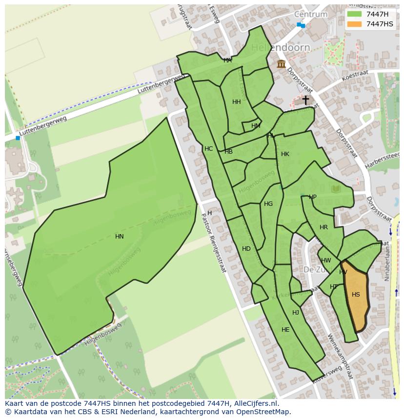 Afbeelding van het postcodegebied 7447 HS op de kaart.