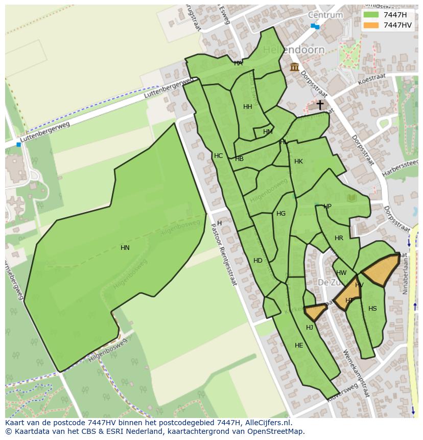 Afbeelding van het postcodegebied 7447 HV op de kaart.