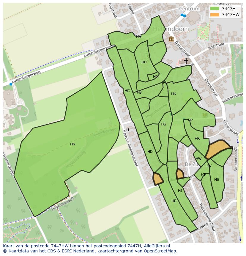Afbeelding van het postcodegebied 7447 HW op de kaart.