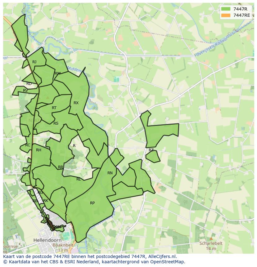 Afbeelding van het postcodegebied 7447 RE op de kaart.
