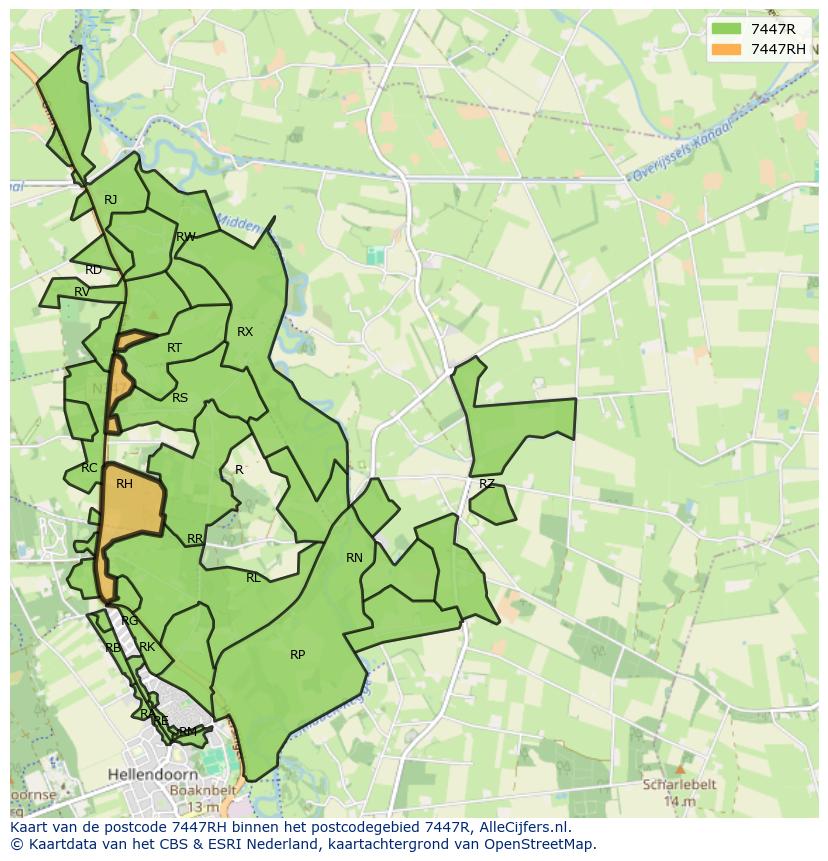 Afbeelding van het postcodegebied 7447 RH op de kaart.