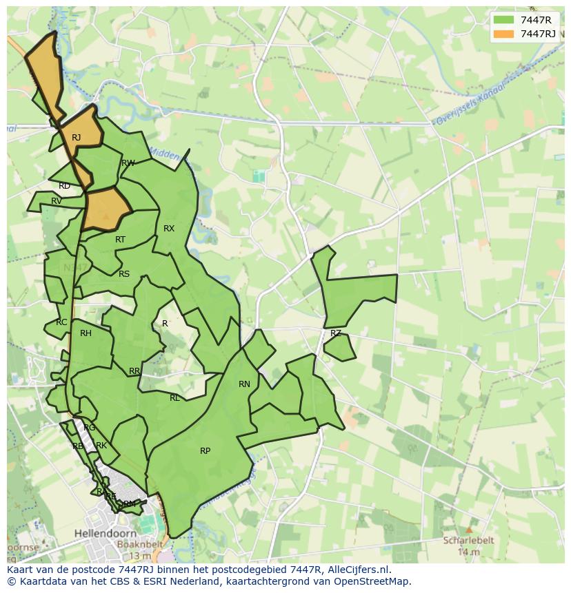 Afbeelding van het postcodegebied 7447 RJ op de kaart.