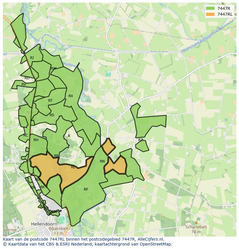 Afbeelding van het postcodegebied 7447 RL op de kaart.