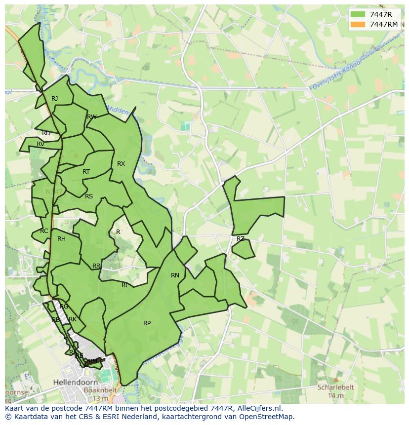 Afbeelding van het postcodegebied 7447 RM op de kaart.
