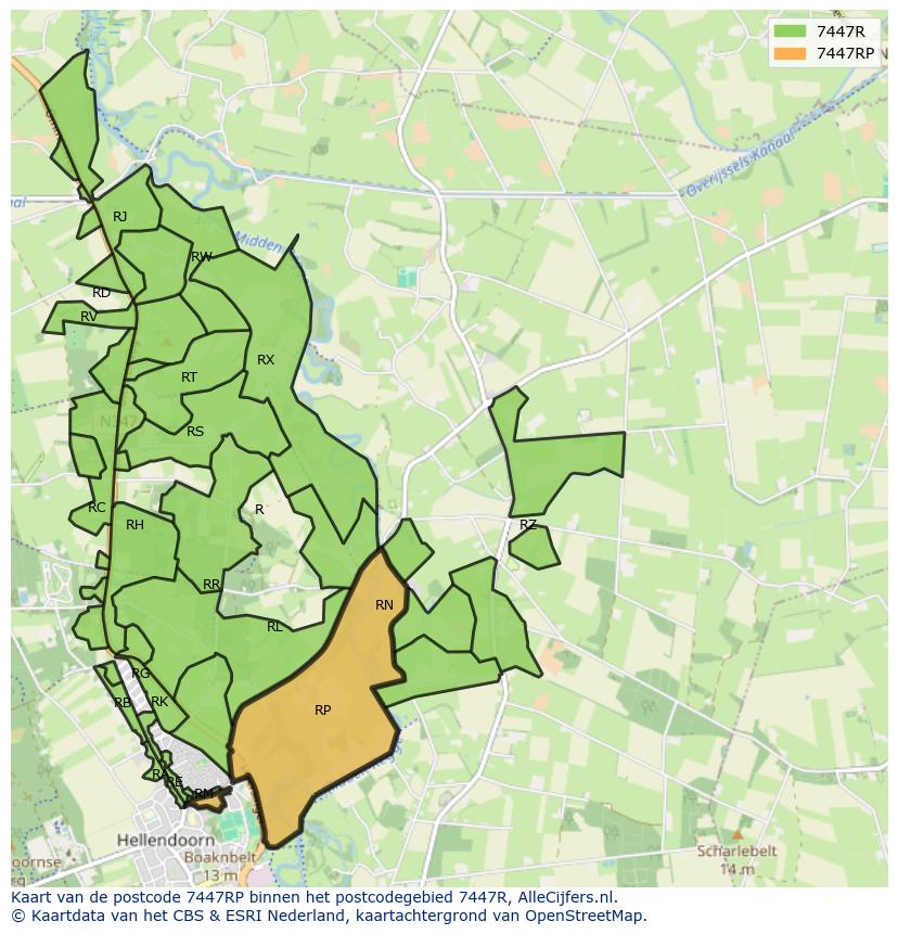 Afbeelding van het postcodegebied 7447 RP op de kaart.