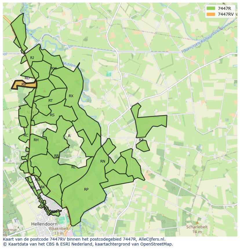 Afbeelding van het postcodegebied 7447 RV op de kaart.