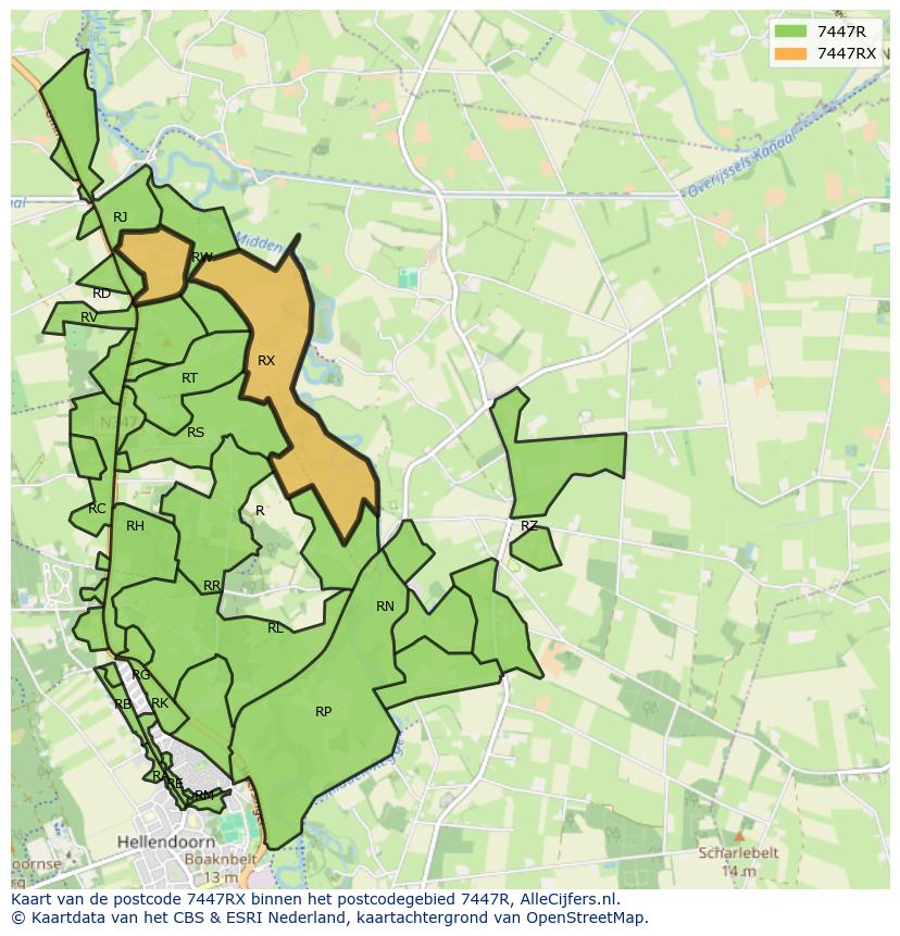 Afbeelding van het postcodegebied 7447 RX op de kaart.