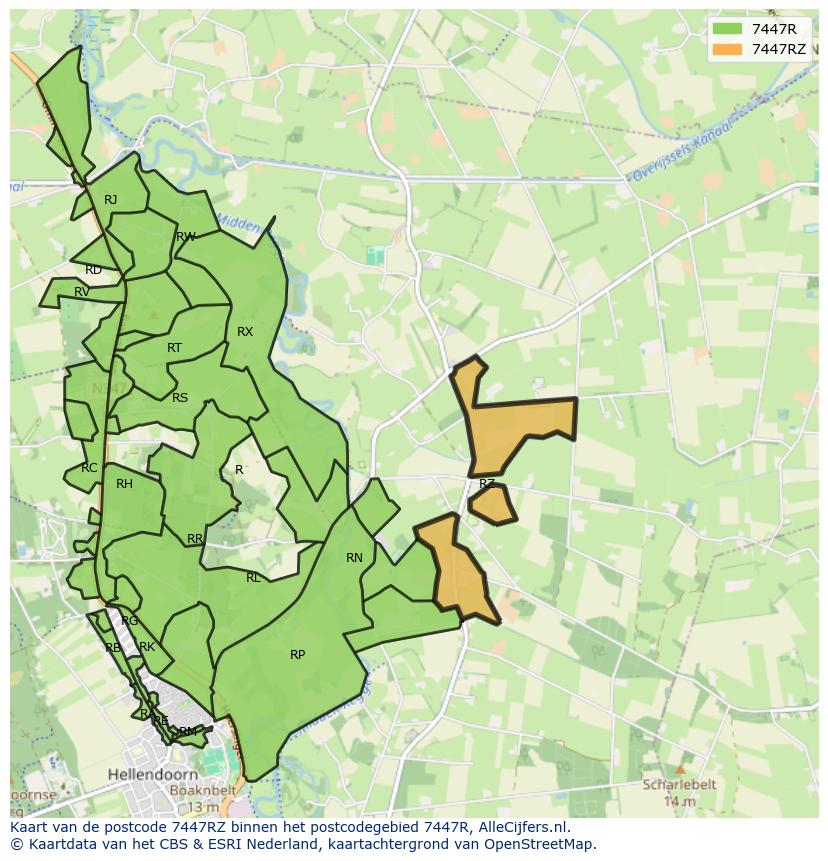 Afbeelding van het postcodegebied 7447 RZ op de kaart.