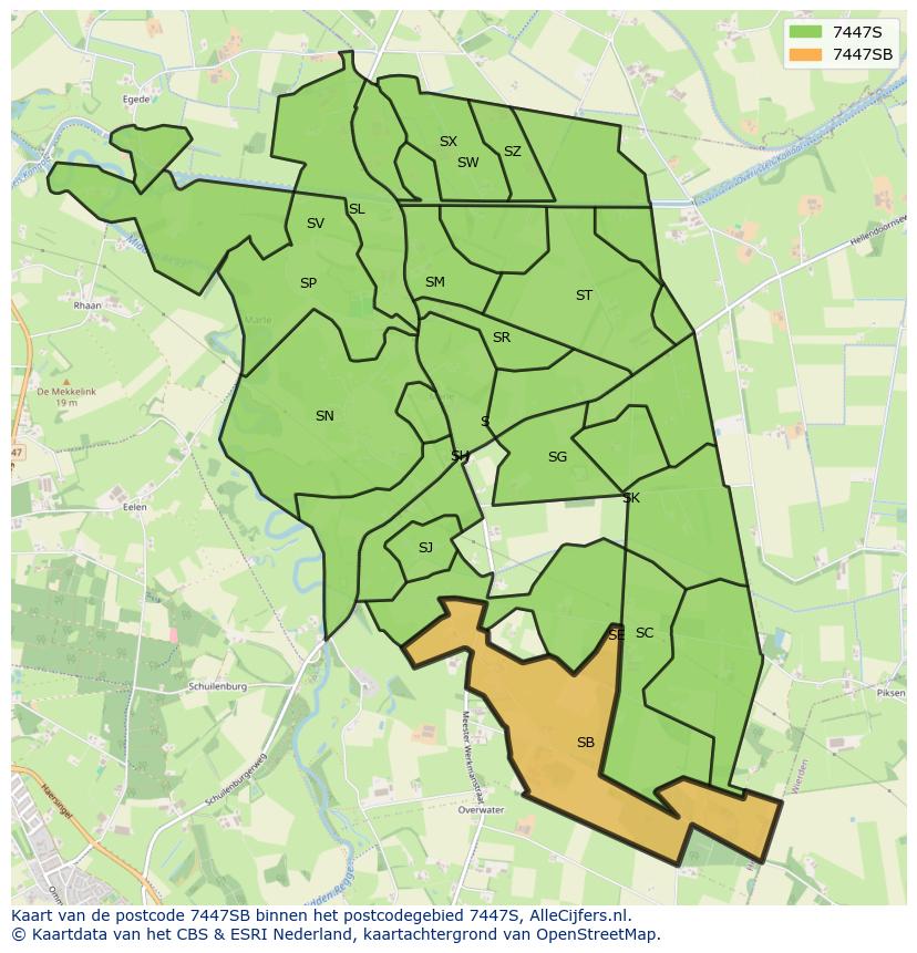 Afbeelding van het postcodegebied 7447 SB op de kaart.