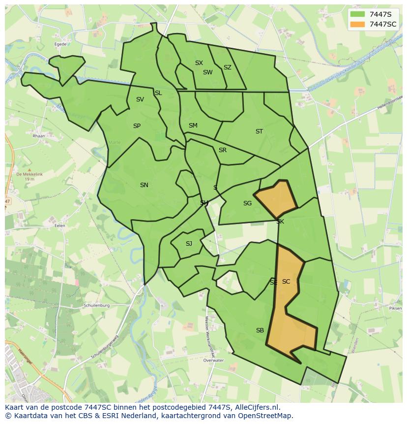 Afbeelding van het postcodegebied 7447 SC op de kaart.