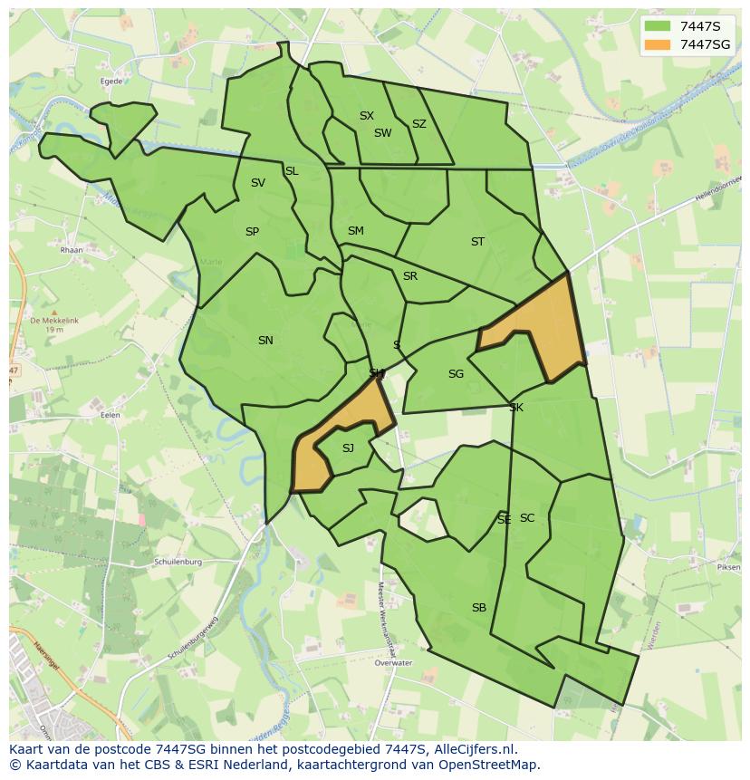 Afbeelding van het postcodegebied 7447 SG op de kaart.