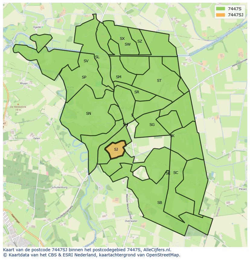 Afbeelding van het postcodegebied 7447 SJ op de kaart.