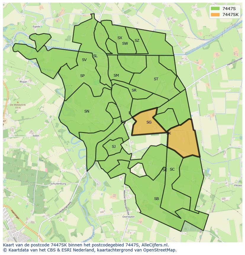 Afbeelding van het postcodegebied 7447 SK op de kaart.