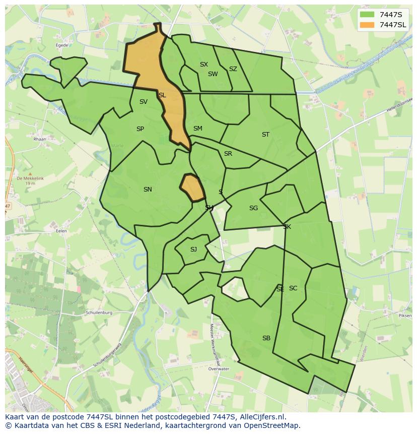 Afbeelding van het postcodegebied 7447 SL op de kaart.