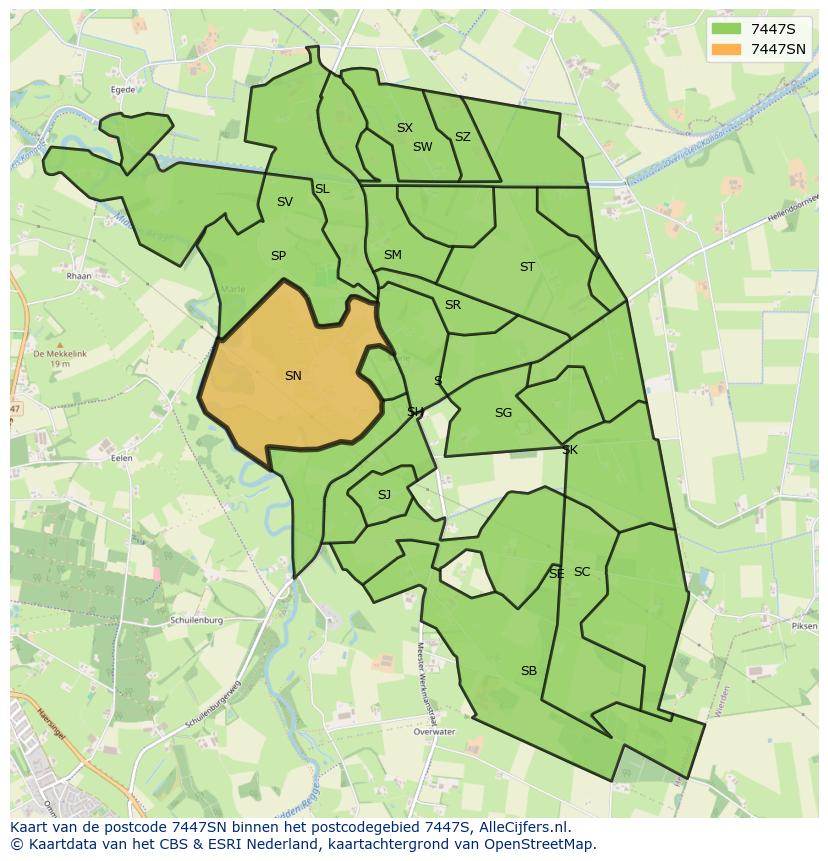Afbeelding van het postcodegebied 7447 SN op de kaart.