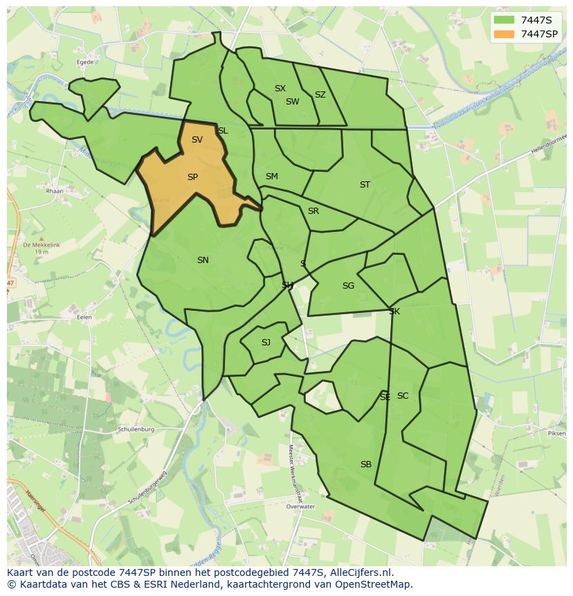 Afbeelding van het postcodegebied 7447 SP op de kaart.