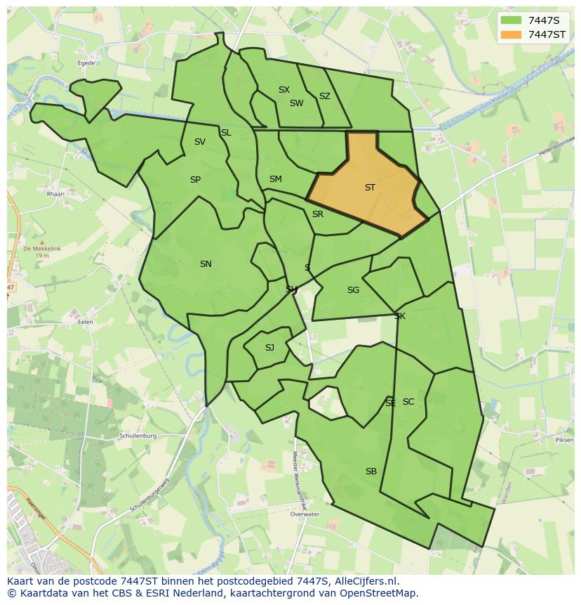 Afbeelding van het postcodegebied 7447 ST op de kaart.