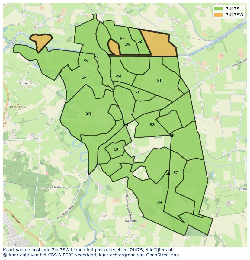 Afbeelding van het postcodegebied 7447 SW op de kaart.