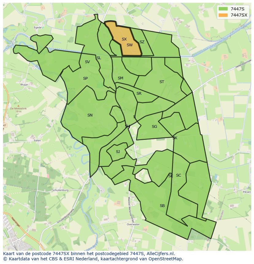Afbeelding van het postcodegebied 7447 SX op de kaart.